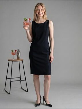 Calvin Klein Black Sleeveless Sheath Dress 8 Midi Workwear Office LBD 90s